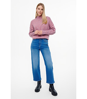 Дамски пуловер в лилав меланж с полувисока яка с вълна снимка