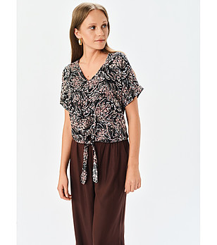 Черна дамска блуза с принт и връзка отпред снимка