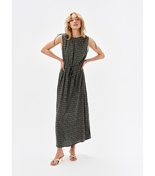 Черна дълга рокля с принт и връзки на раменете снимка