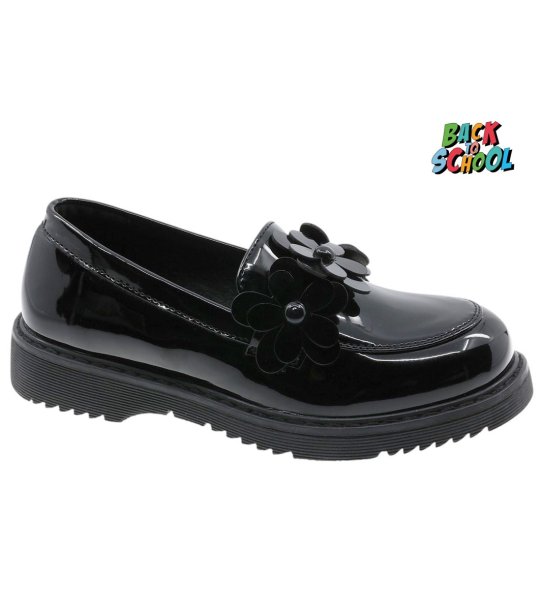 Черни ежедневни детски лачени обувки с цветя снимка