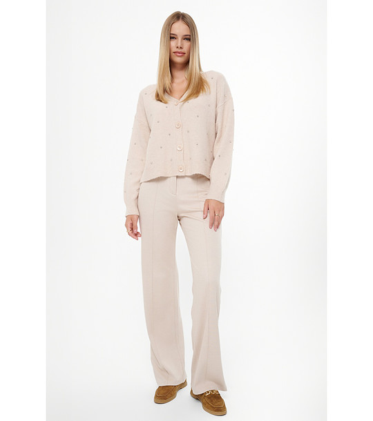 Светлобежов кардиган с камъчета с вълна снимка