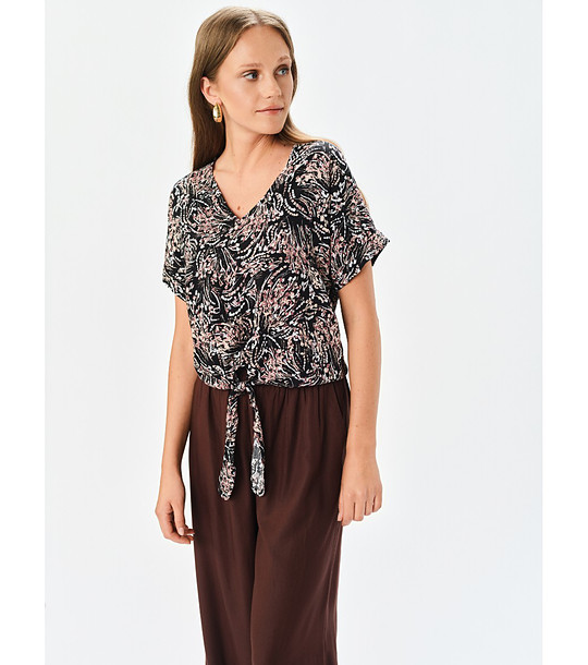 Черна дамска блуза с принт и връзка отпред снимка