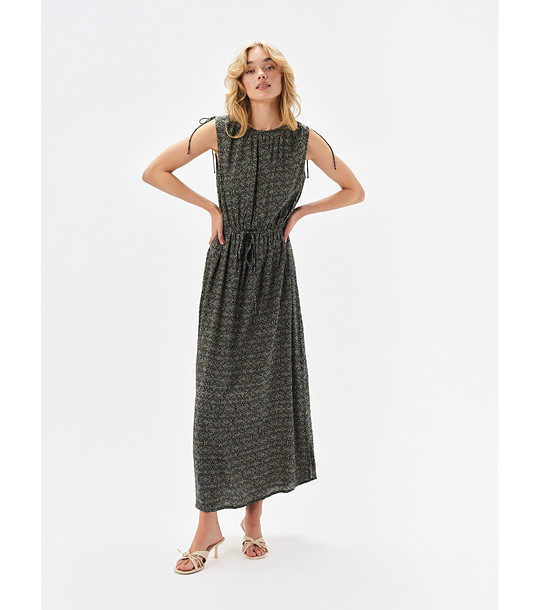 Черна дълга рокля с принт и връзки на раменете снимка