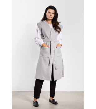 Сив дамски дълъг елек без ръкави с колан Polya снимка