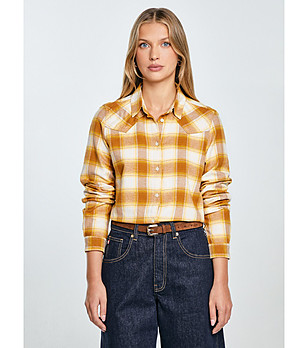 Дамска карирана риза с дълъг ръкав в жълто DRENI снимка