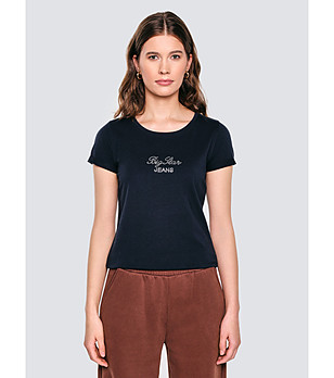 Тъмносиня памучна дамска тениска MALVINA снимка