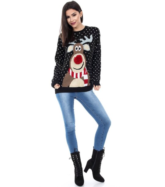 Дамски черен зимен пуловер с мотив елен снимка