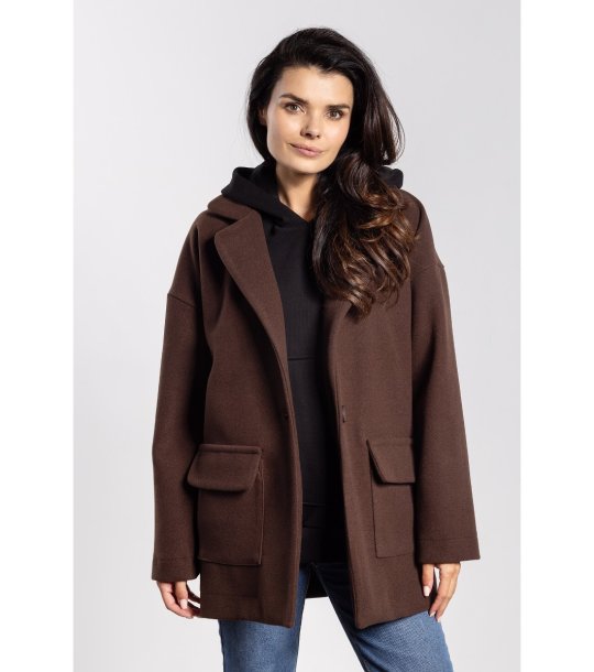 Кафяво дамско oversize палто с джобове Reya снимка