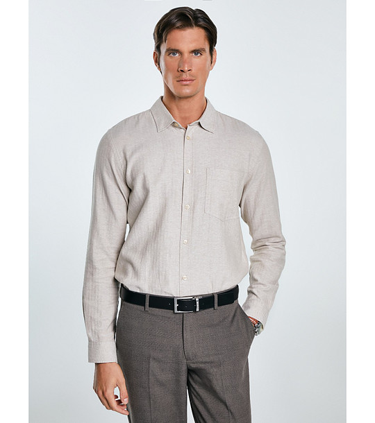 Бежова памучна мъжка риза с дълъг ръкав GREST  снимка