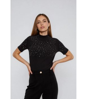 Черна памучна дамска блуза с декоративни камъчета снимка