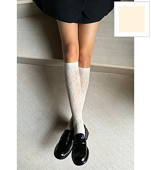 Дамски чорапи в цвят крем до коляното с цветен десен BELLAROSA снимка