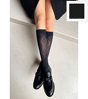 Черни дамски чорапи до коляното с ромбовиден десен CARO снимка