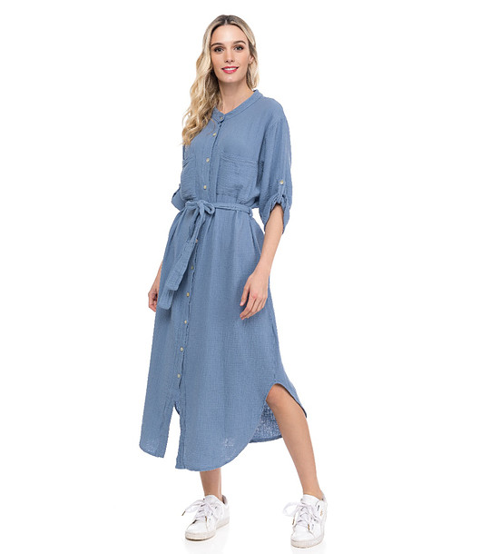 Синя памучна рокля-риза с  колан снимка