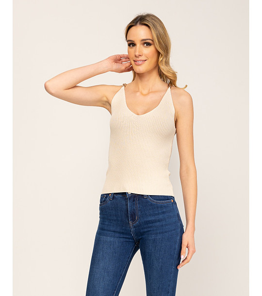 Бежов плетен топ с верижки на презрамките снимка