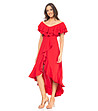 Асиметрична червена рокля с волани -0 снимка