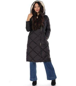 Дълго черно капитонирано дамско яке  снимка