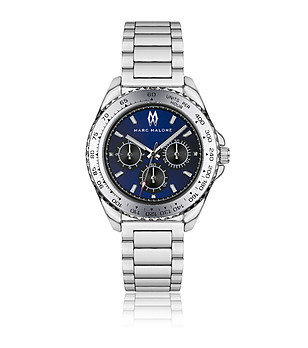 Мъжки сребрист кварцов часовник със син циферблат снимка