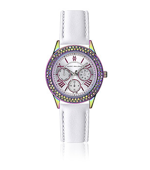 Дамски часовник с многоцветен корпус с кристали и бяла каишка снимка