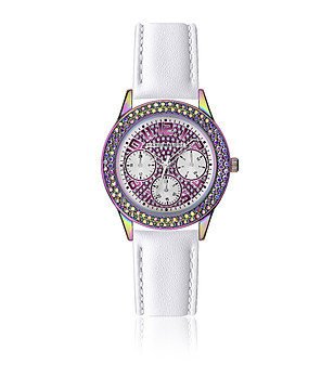 Дамски часовник с многоцветен корпус с кристали и бла кожена каишка снимка