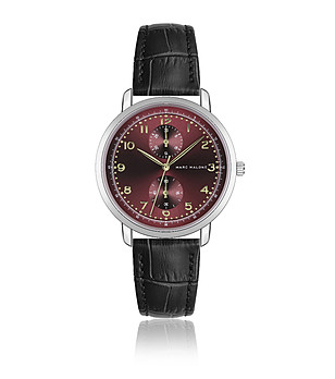 Мъжки часовник с циферблат в бордо и черна кожена каишка снимка