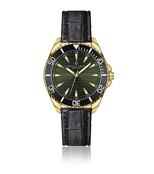 Мъжки златист часовник с черна кожена каишка  снимка