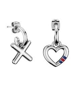 Сребристи обеци с висулки кръст и сърце  снимка