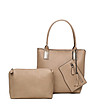 Бежова дамска чанта със златисти дръжки и несесер-0 снимка