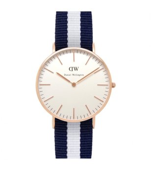 Дамски часовник с тъмносиня и бяла текстилна каишка  снимка