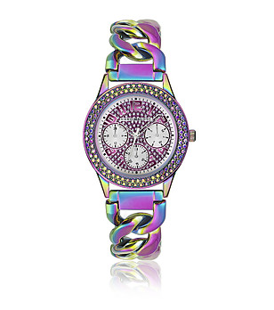 Дамски часовник в райнбоу цвят с розов циферблат и кристали снимка