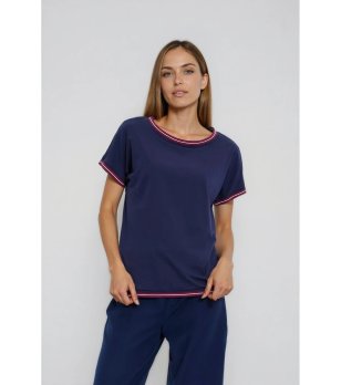 Дамска тъмносиня блуза с кантове снимка