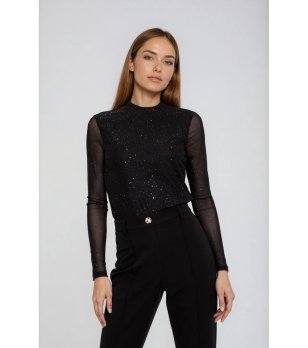 Черна блуза с дълъг ръкав и брокатен ефект снимка