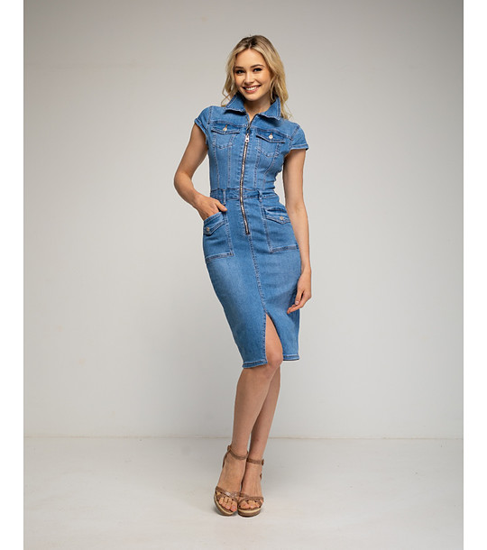 Дънкова миди рокля с цип и джобове снимка