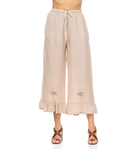 Бежов ленен панталон с волани и цветя снимка