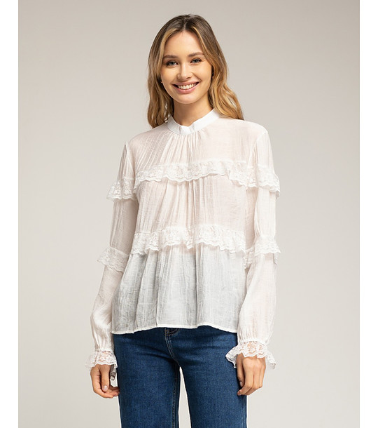 Бяла блуза от полупрозираща материя с дантела снимка