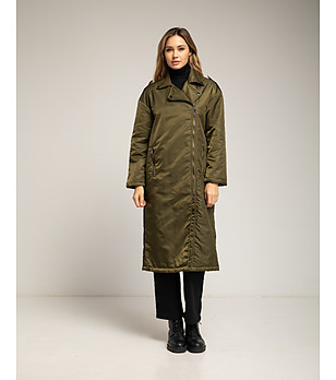 Дълго яке в цвят каки с асиметричен цип  снимка