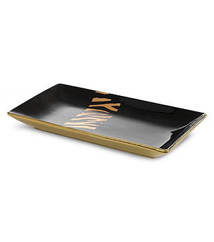 Черна правоъгълна декоративна керамична купа със златисти елементи 35x20x7 см снимка