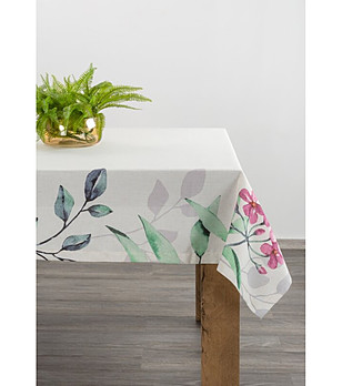 Бяла покривка с флорален принт 140x280 см снимка