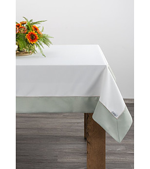 Бяла покривка с маслиненозелена бордюра 145x280 см снимка