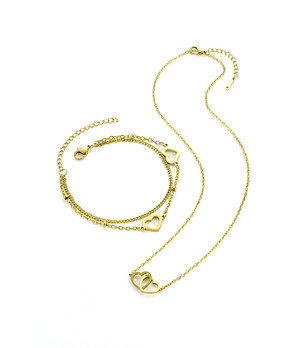 Златист комплект колие и гривна със сърца снимка